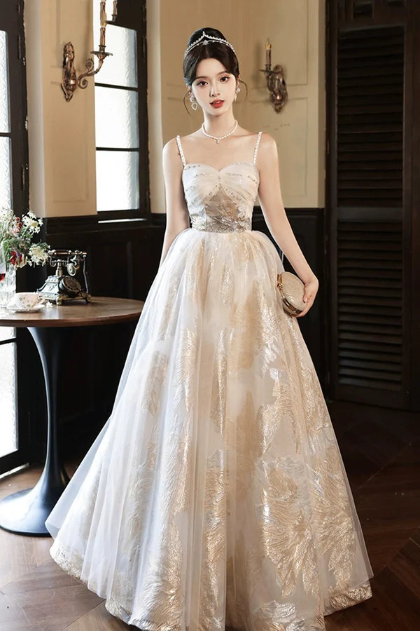 Wholesale Champagne Spaghetti Strap Tulle Formal Dress A-Line Sweetheart Neck Evening Party Dress